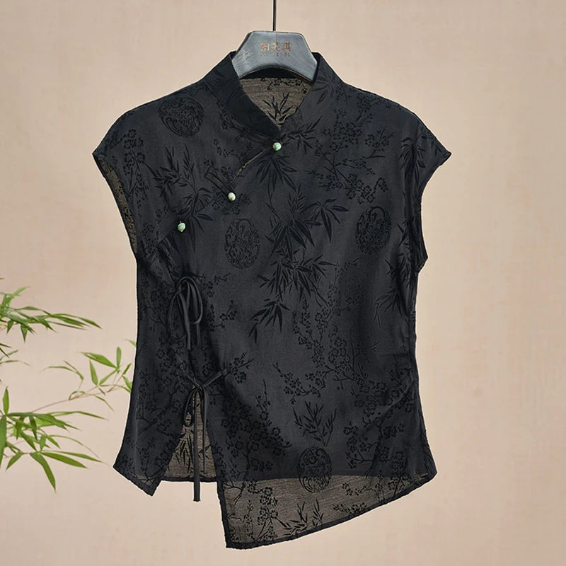 Top Cheongsam negro elegante - Ropa oriental