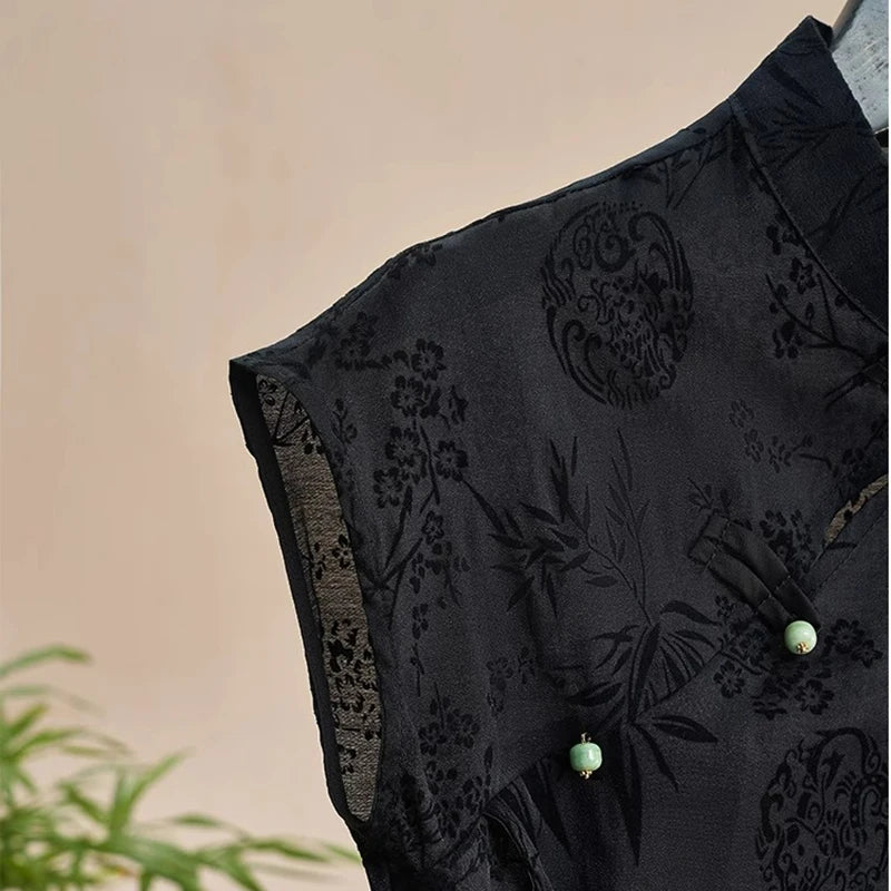 Top Cheongsam negro elegante - Ropa oriental