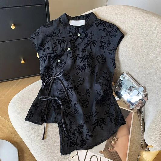 Top Cheongsam negro elegante - Ropa oriental